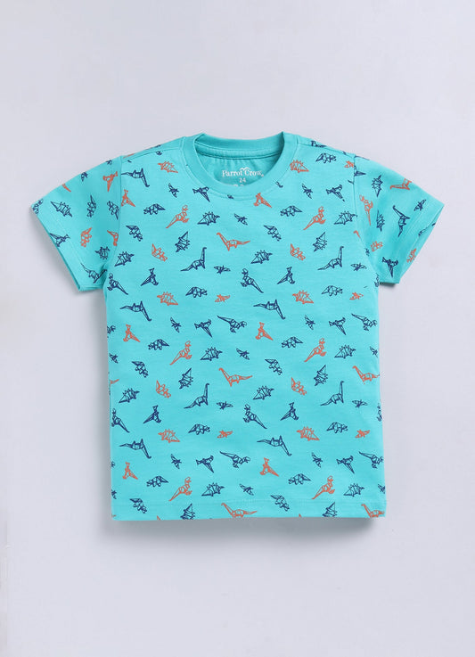Parrot Crow Boys Aqua Dino Print Cotton T-Shirt & Navy Shorts Set – “Fast Like a Samurai” - ParrotCrow