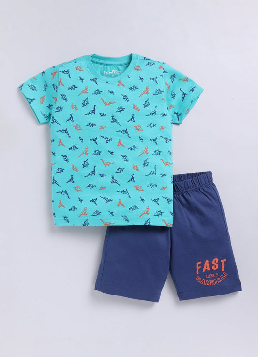 Parrot Crow Boys Aqua Dino Print Cotton T-Shirt & Navy Shorts Set – “Fast Like a Samurai” - ParrotCrow