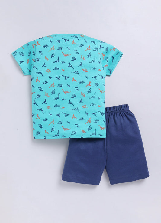 Parrot Crow Boys Aqua Dino Print Cotton T-Shirt & Navy Shorts Set – “Fast Like a Samurai” - ParrotCrow