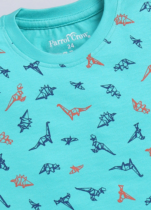 Parrot Crow Boys Aqua Dino Print Cotton T-Shirt & Navy Shorts Set – “Fast Like a Samurai” - ParrotCrow