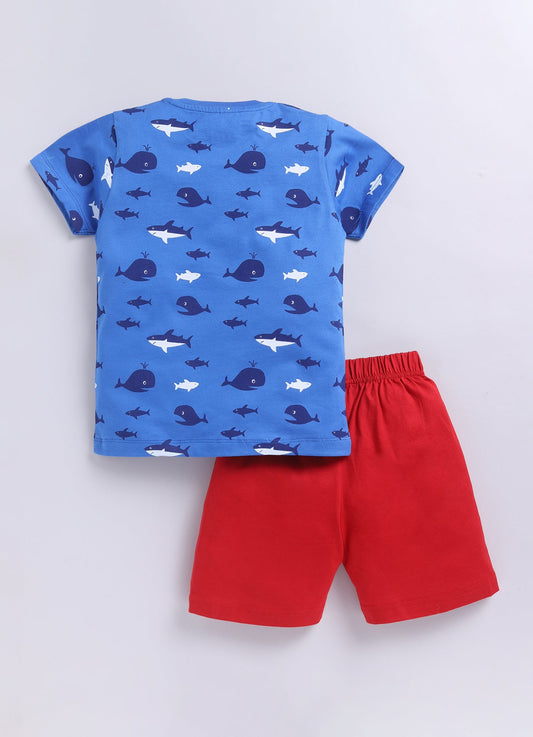 Parrot Crow Boys Blue Shark & Whale Print T-Shirt & Red Shorts Set – “Leggo” - ParrotCrow