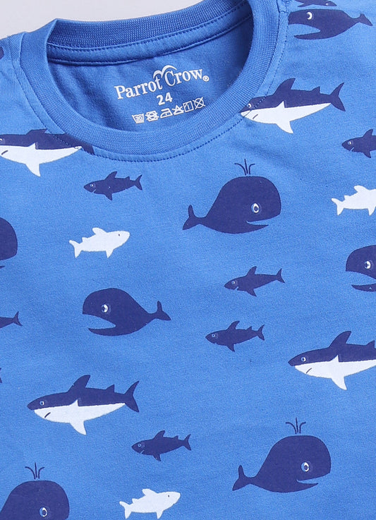 Parrot Crow Boys Blue Shark & Whale Print T-Shirt & Red Shorts Set – “Leggo” - ParrotCrow