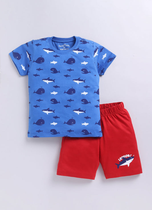 Parrot Crow Boys Blue Shark & Whale Print T-Shirt & Red Shorts Set – “Leggo” - ParrotCrow