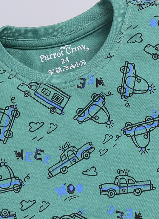 Parrot Crow Boys Green Vehicle Print T-Shirt & Blue Shorts Combo – “Vroom” Edition - ParrotCrow
