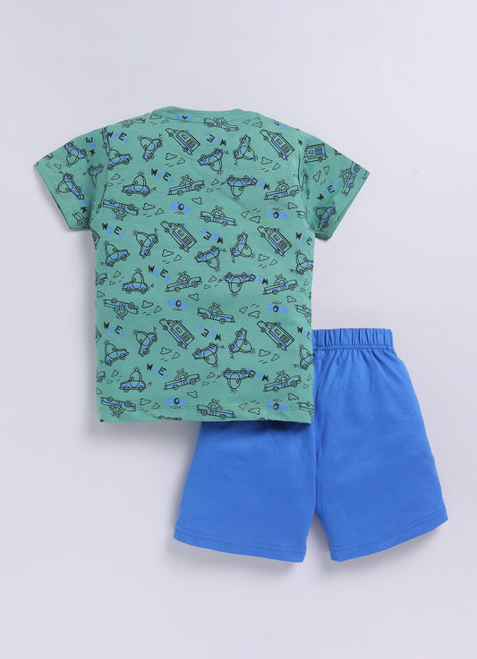 Parrot Crow Boys Green Vehicle Print T-Shirt & Blue Shorts Combo – “Vroom” Edition - ParrotCrow