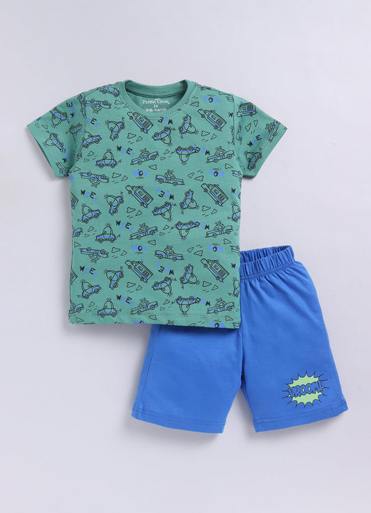 Parrot Crow Boys Green Vehicle Print T-Shirt & Blue Shorts Combo – “Vroom” Edition - ParrotCrow