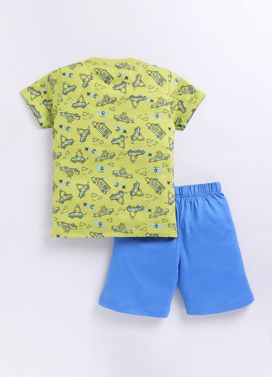 Parrot Crow Boys Lime Green Vehicle Print T-Shirt & Blue Shorts Set - ParrotCrow