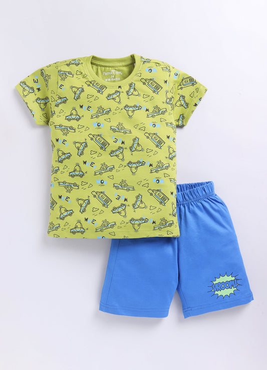 Parrot Crow Boys Lime Green Vehicle Print T-Shirt & Blue Shorts Set - ParrotCrow
