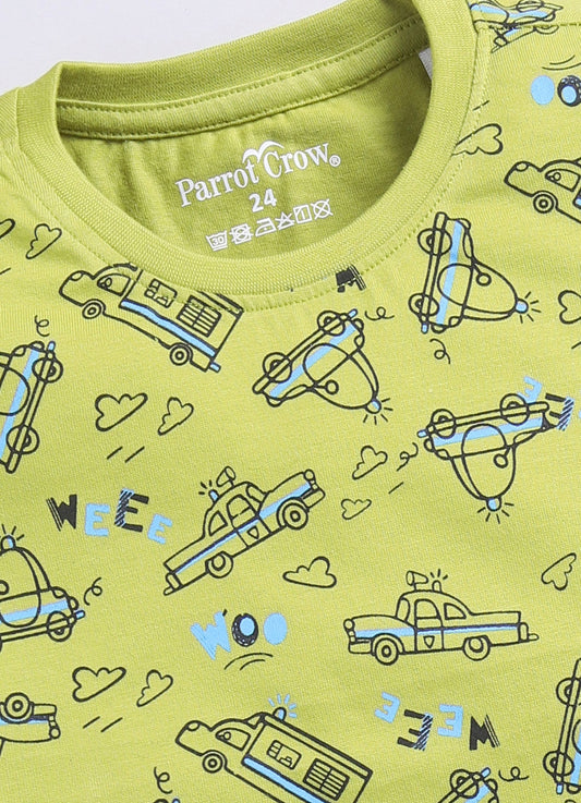 Parrot Crow Boys Lime Green Vehicle Print T-Shirt & Blue Shorts Set - ParrotCrow