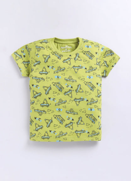 Parrot Crow Boys Lime Green Vehicle Print T-Shirt & Blue Shorts Set - ParrotCrow