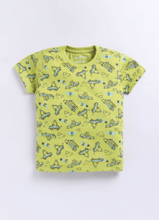 Parrot Crow Boys Lime Green Vehicle Print T-Shirt & Blue Shorts Set - ParrotCrow