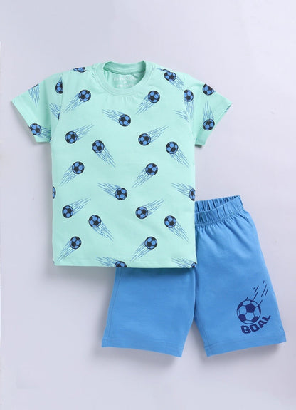 Parrot Crow Boys Mint Green Football Print T-Shirt & Blue Shorts Set – Goal Edition - ParrotCrow
