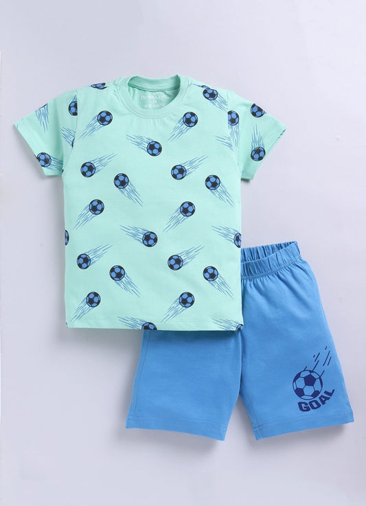 Parrot Crow Boys Mint Green Football Print T-Shirt & Blue Shorts Set – Goal Edition - ParrotCrow