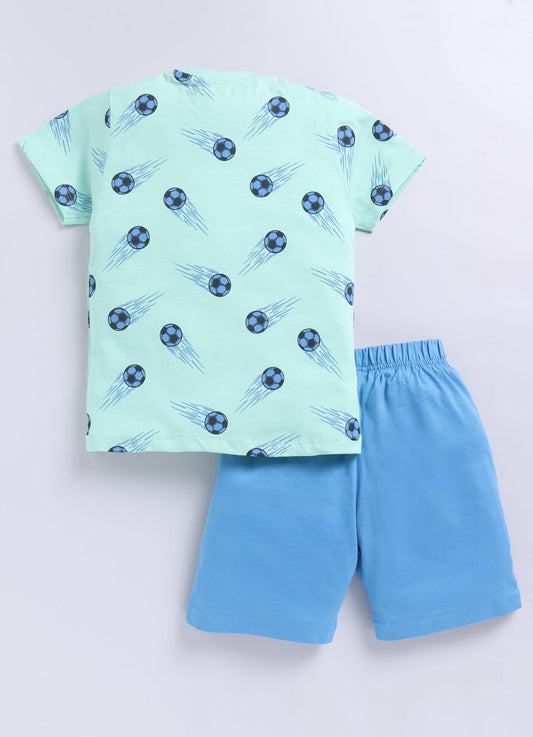 Parrot Crow Boys Mint Green Football Print T-Shirt & Blue Shorts Set – Goal Edition - ParrotCrow