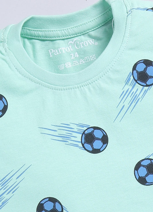 Parrot Crow Boys Mint Green Football Print T-Shirt & Blue Shorts Set – Goal Edition - ParrotCrow