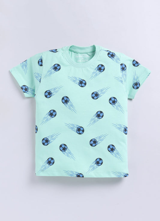 Parrot Crow Boys Mint Green Football Print T-Shirt & Blue Shorts Set – Goal Edition - ParrotCrow