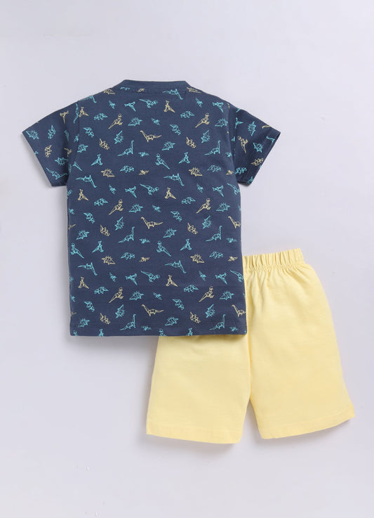 Parrot Crow Boys Navy Dino Print T-Shirt & Yellow Shorts Combo – Fast Like a Samurai - ParrotCrow