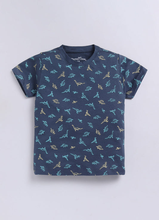 Parrot Crow Boys Navy Dino Print T-Shirt & Yellow Shorts Combo – Fast Like a Samurai - ParrotCrow