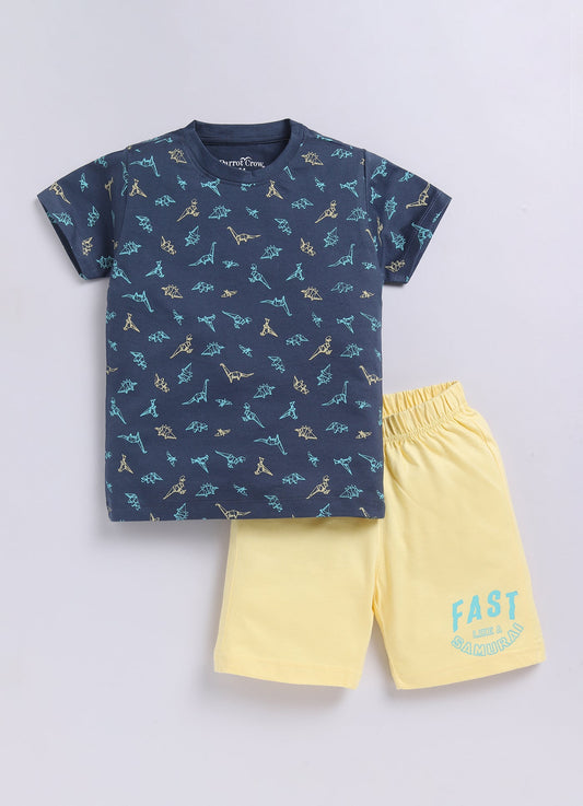 Parrot Crow Boys Navy Dino Print T-Shirt & Yellow Shorts Combo – Fast Like a Samurai - ParrotCrow
