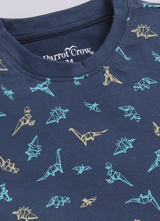 Parrot Crow Boys Navy Dino Print T-Shirt & Yellow Shorts Combo – Fast Like a Samurai - ParrotCrow