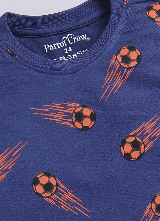 Parrot Crow Boys Navy Football Meteor Print T-Shirt & Orange Shorts Combo - ParrotCrow