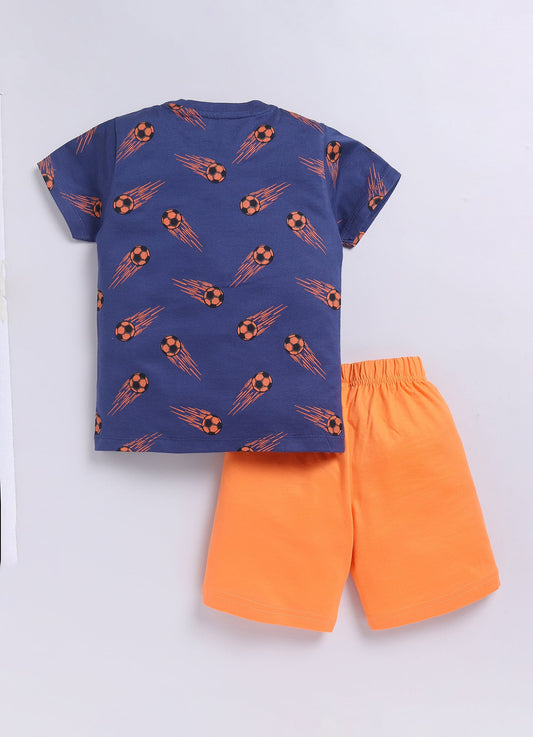 Parrot Crow Boys Navy Football Meteor Print T-Shirt & Orange Shorts Combo - ParrotCrow