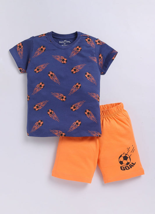 Parrot Crow Boys Navy Football Meteor Print T-Shirt & Orange Shorts Combo - ParrotCrow