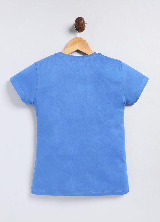 Reach for the stars Printed Cotton T-Shirt for Girls - Denim Blue - ParrotCrow