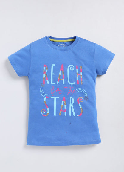 Reach for the stars Printed Cotton T-Shirt for Girls - Denim Blue - ParrotCrow
