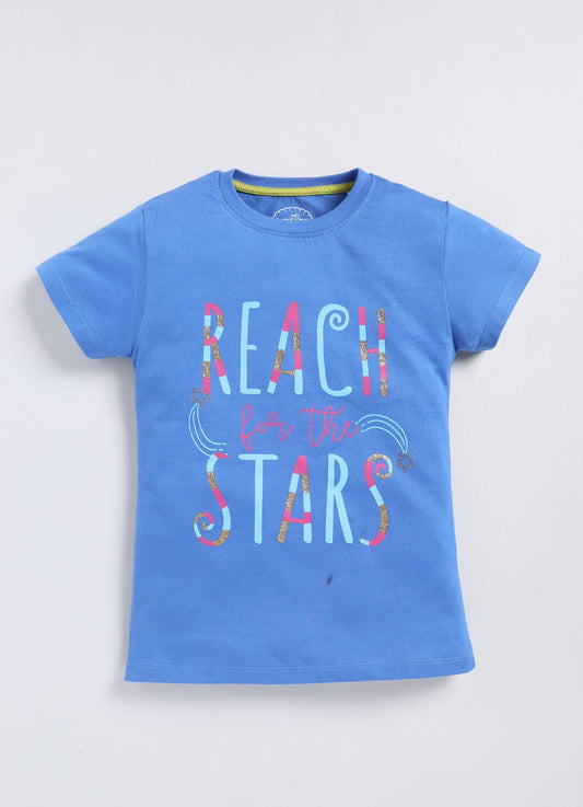 Reach for the stars Printed Cotton T-Shirt for Girls - Denim Blue - ParrotCrow