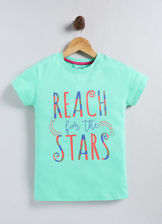 Reach for the stars Printed Cotton T-Shirt for Girls - Pista Green - ParrotCrow
