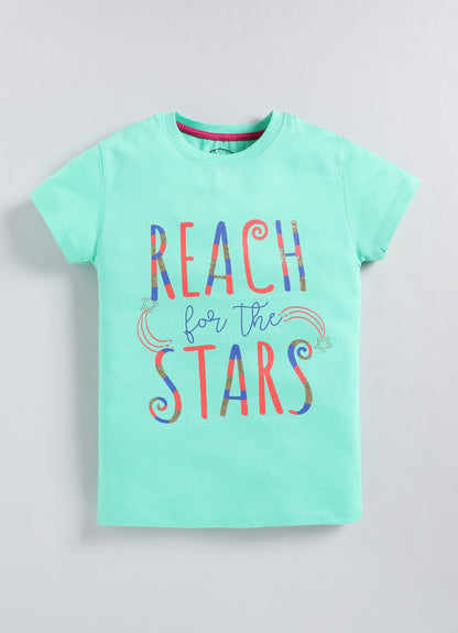 Reach for the stars Printed Cotton T-Shirt for Girls - Pista Green - ParrotCrow