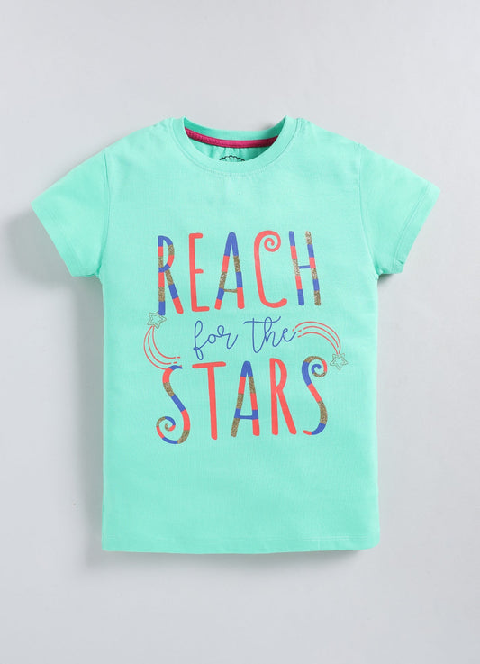 Reach for the stars Printed Cotton T-Shirt for Girls - Pista Green - ParrotCrow