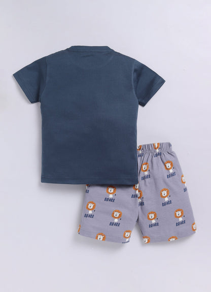 Roar Lion Print T-Shirt & Shorts Set for Boys (Blue & Grey) - ParrotCrow
