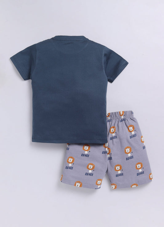 Roar Lion Print T-Shirt & Shorts Set for Boys (Blue & Grey) - ParrotCrow