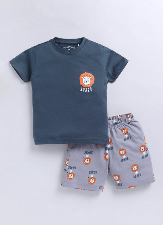 Roar Lion Print T-Shirt & Shorts Set for Boys (Blue & Grey) - ParrotCrow