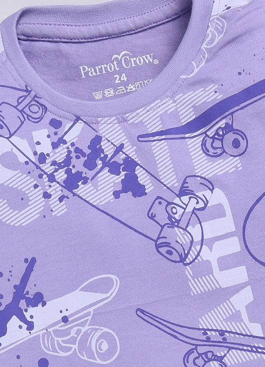 Skateboard Print T-Shirt & Navy Shorts Set for Boys (Lavender) - ParrotCrow