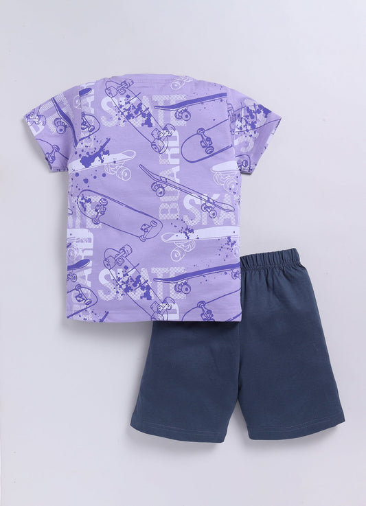 Skateboard Print T-Shirt & Navy Shorts Set for Boys (Lavender) - ParrotCrow