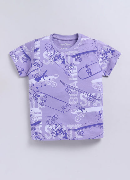 Skateboard Print T-Shirt & Navy Shorts Set for Boys (Lavender) - ParrotCrow