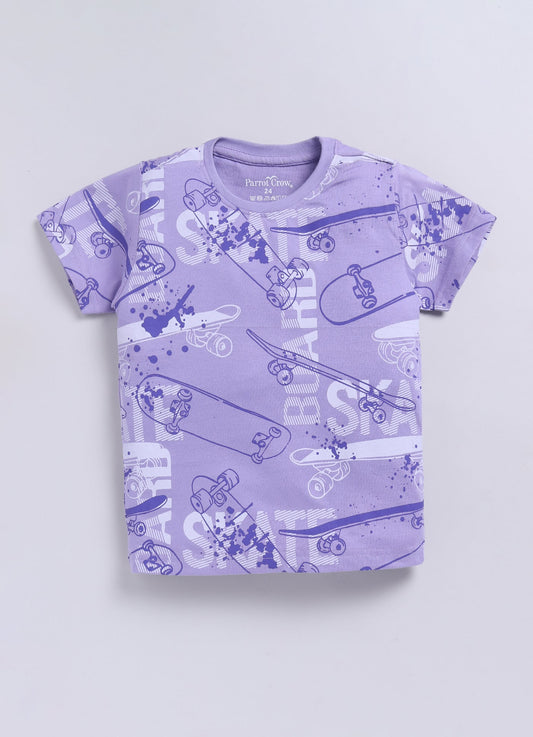 Skateboard Print T-Shirt & Navy Shorts Set for Boys (Lavender) - ParrotCrow