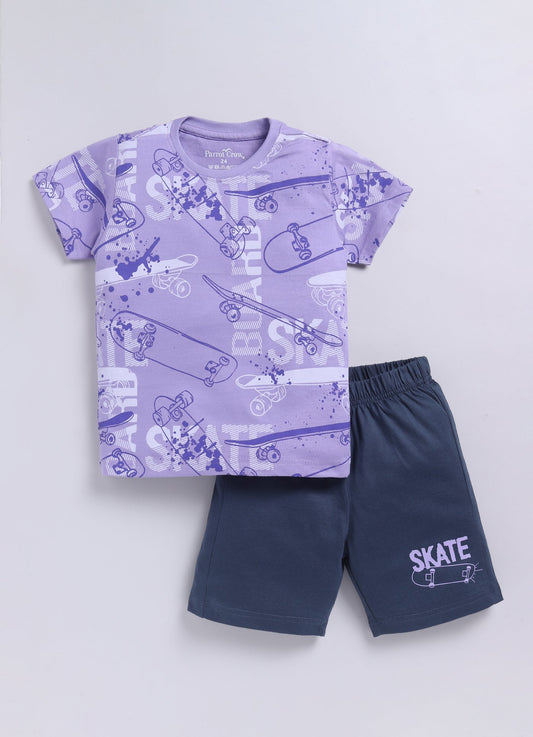 Skateboard Print T-Shirt & Navy Shorts Set for Boys (Lavender) - ParrotCrow