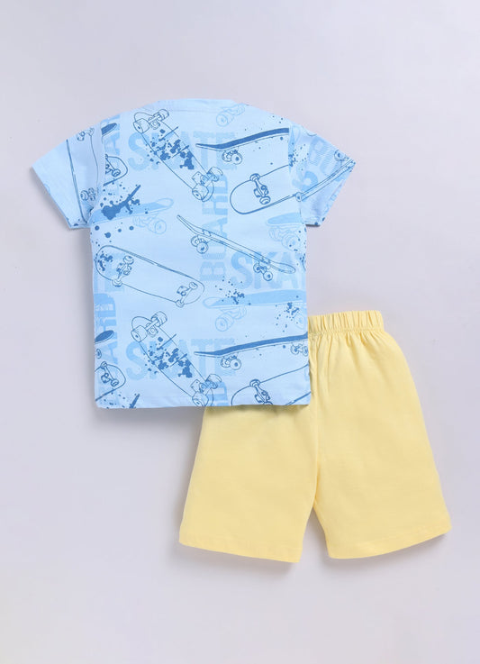 Skateboard Print T-Shirt & Yellow Shorts Set for Boys (Sky Blue) - ParrotCrow