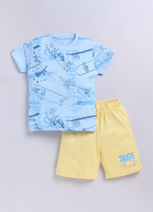 Skateboard Print T-Shirt & Yellow Shorts Set for Boys (Sky Blue) - ParrotCrow