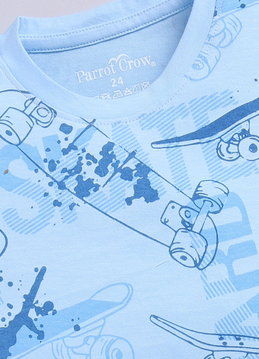 Skateboard Print T-Shirt & Yellow Shorts Set for Boys (Sky Blue) - ParrotCrow