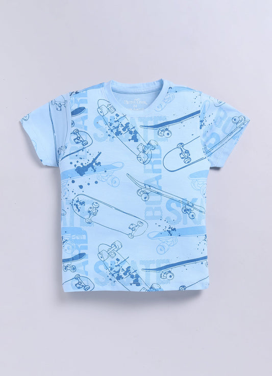 Skateboard Print T-Shirt & Yellow Shorts Set for Boys (Sky Blue) - ParrotCrow