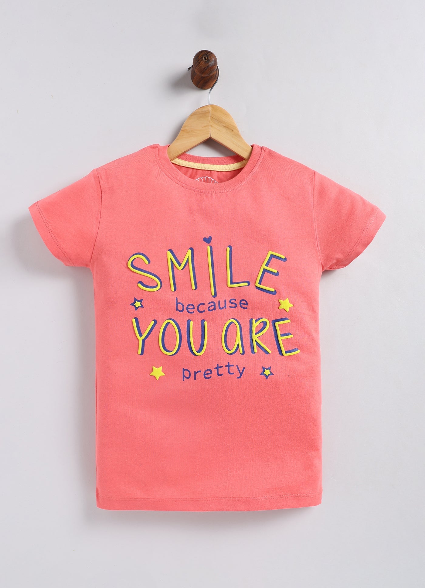Smile because you are pretty Printed Cotton T-Shirt for Girls - Peach - ParrotCrow