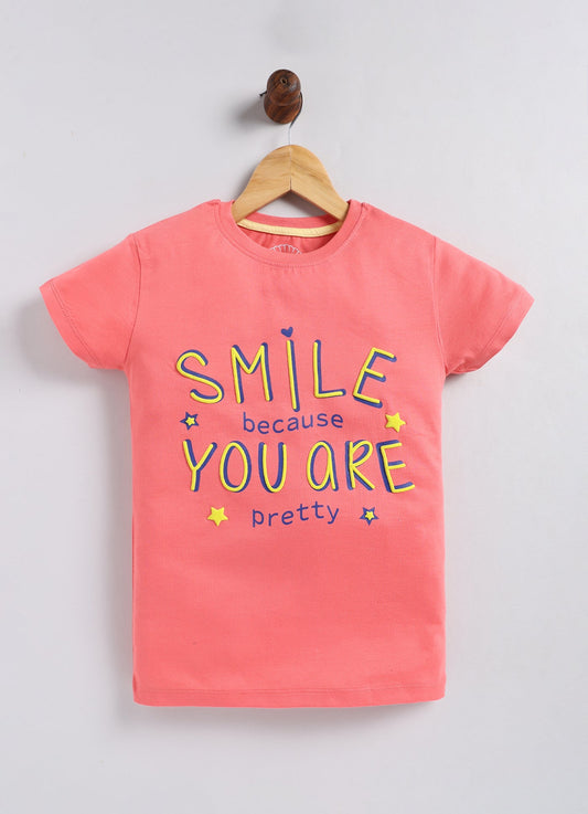 Smile because you are pretty Printed Cotton T-Shirt for Girls - Peach - ParrotCrow