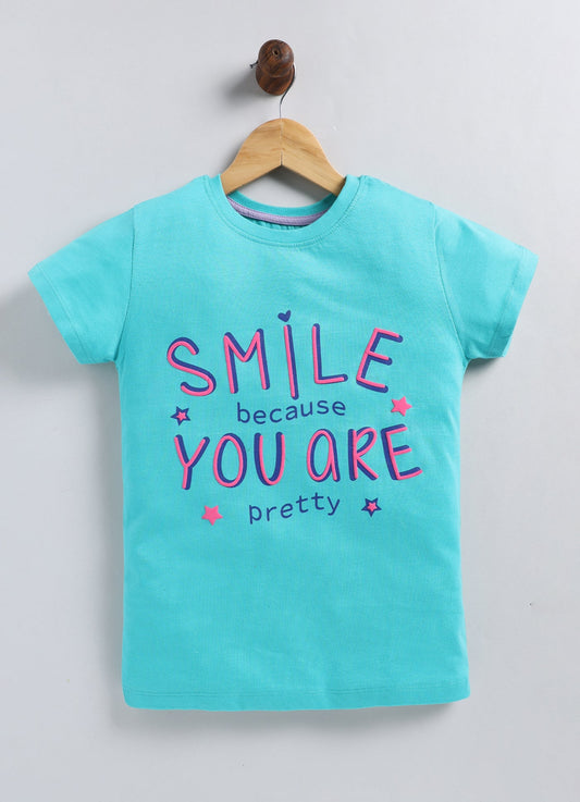Smile because you are pretty Printed Cotton T-Shirt for Girls - Sea Blue - ParrotCrow