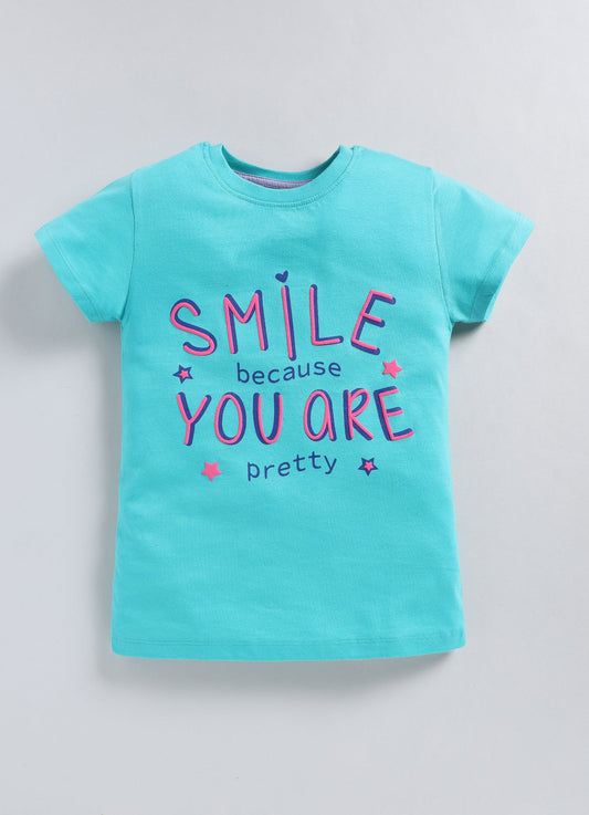 Smile because you are pretty Printed Cotton T-Shirt for Girls - Sea Blue - ParrotCrow