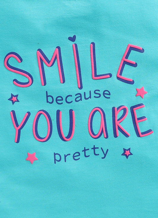 Smile because you are pretty Printed Cotton T-Shirt for Girls - Sea Blue - ParrotCrow